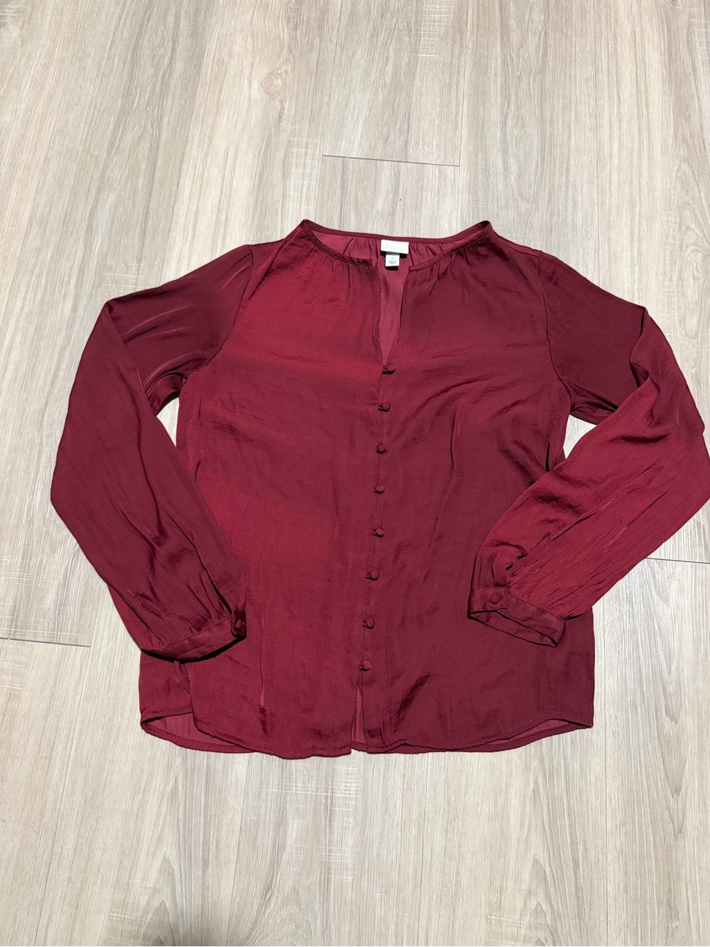 A New Day Burgundy Button Front Blouse Size S Long Sleeve Workwear Top